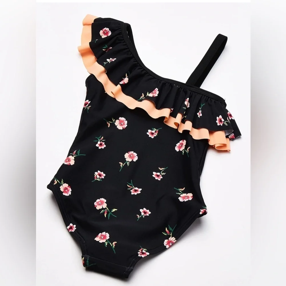NEW-Kanu Surf Girls' Morgan Floral Ruffle 1-Shoulder one Piece Swimsuit